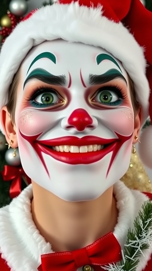 A festive Christmas Joker makeup look with green eyeshadow, red lips, and glitter, complemented by a Santa hat.